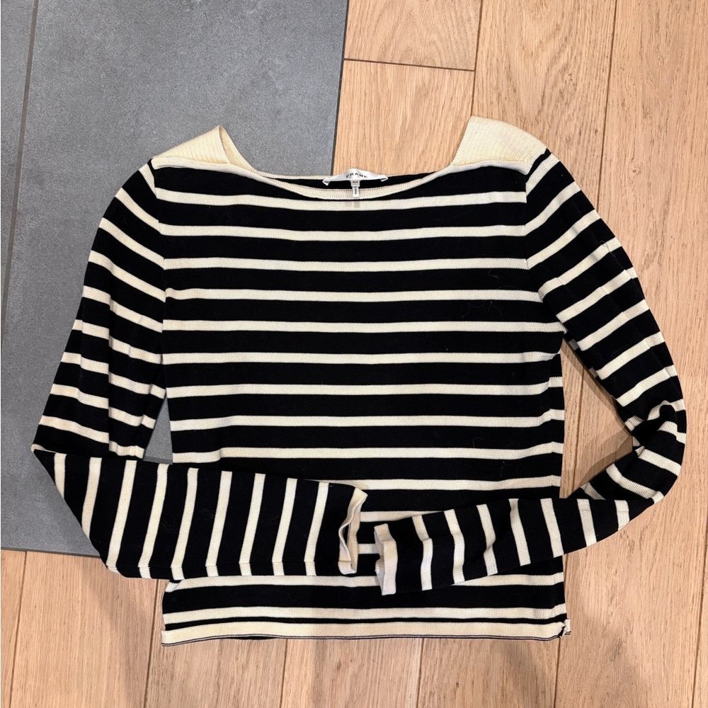 Frame Knit Boatneck Black and Cream Striped Top - Picture 2 of 5